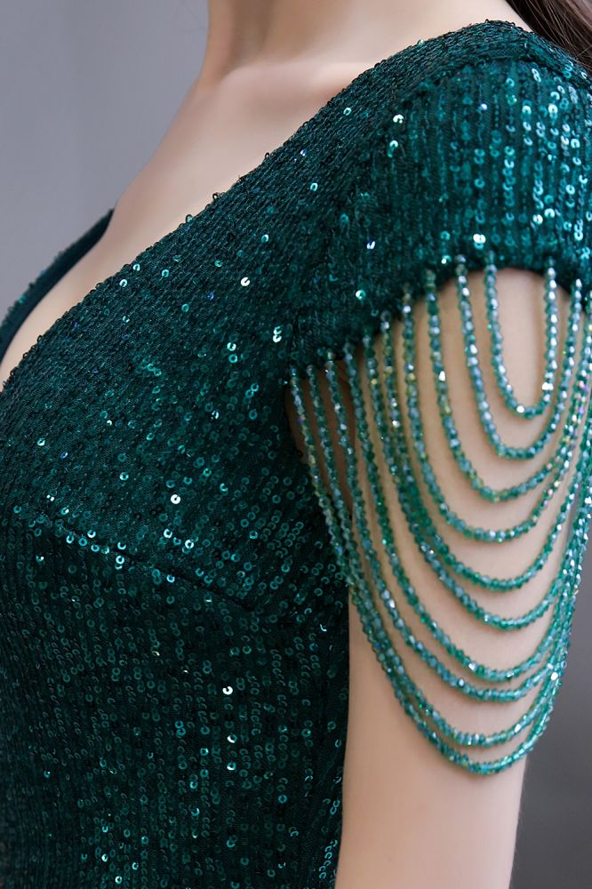Shining Sequins Emerald Green Mermaid Evening Party Gown with Tassels Sleeves