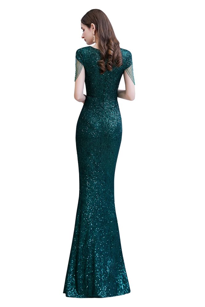 Shining Sequins Emerald Green Mermaid Evening Party Gown with Tassels Sleeves