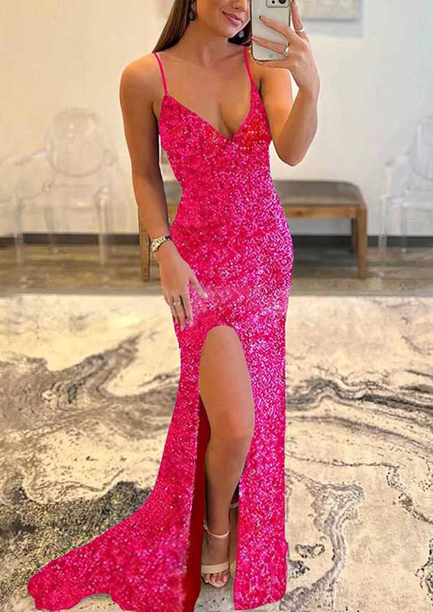 Shining Trumpet/Mermaid V-Neck Sleeveless Prom Dress/Evening Dress With Split and Allover Sparkly Sequins - Fashionpara