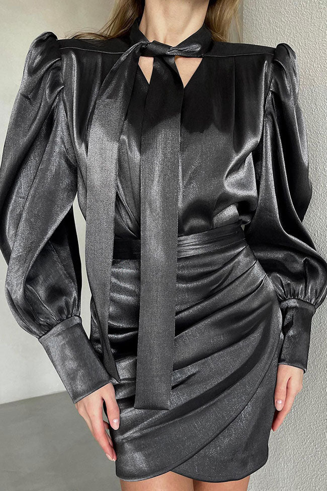 Satin Bow Tie Neck Puff Sleeve Wrap Ruched Bodycon Mini Dress