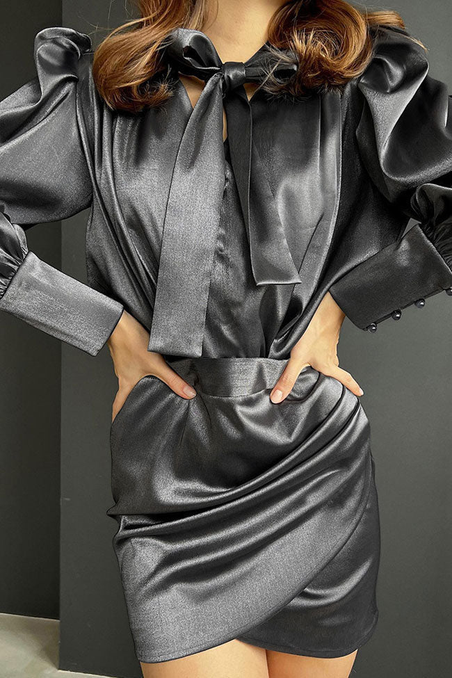 Satin Bow Tie Neck Puff Sleeve Wrap Ruched Bodycon Mini Dress 2