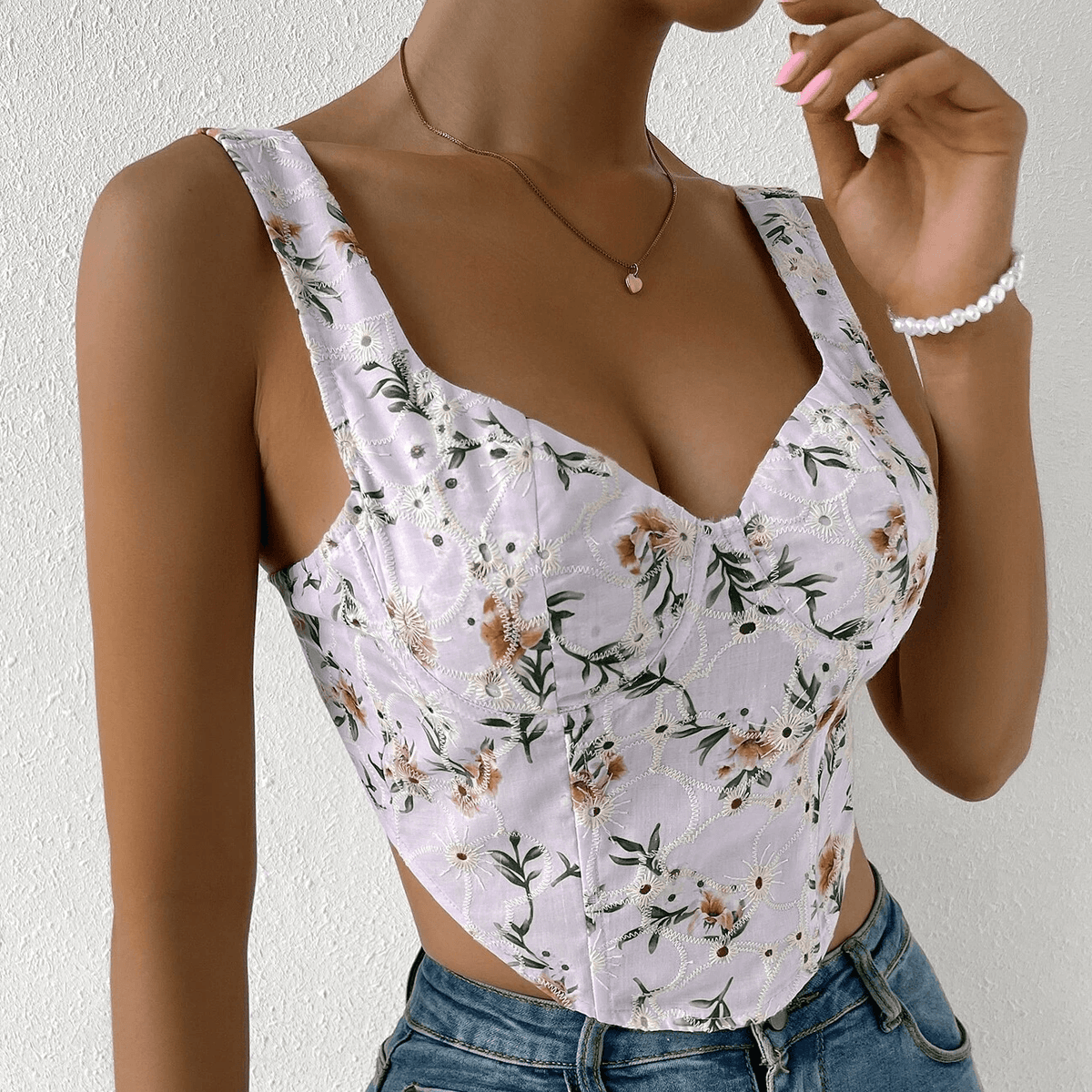 KittenAlarm - Shirley Floral Print Eyelet Embroidered Tank Top