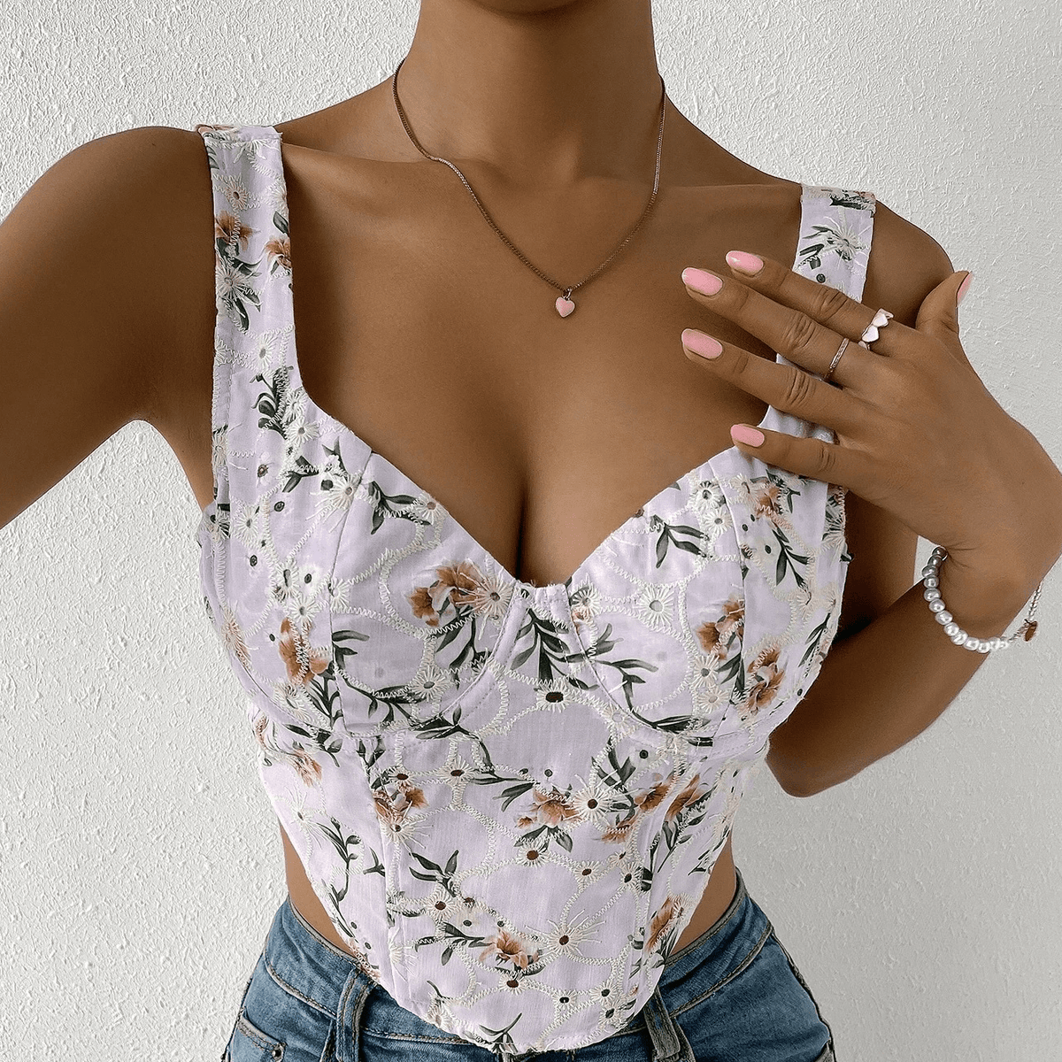 KittenAlarm - Shirley Floral Print Eyelet Embroidered Tank Top
