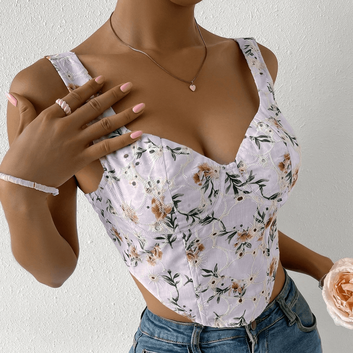 KittenAlarm - Shirley Floral Print Eyelet Embroidered Tank Top