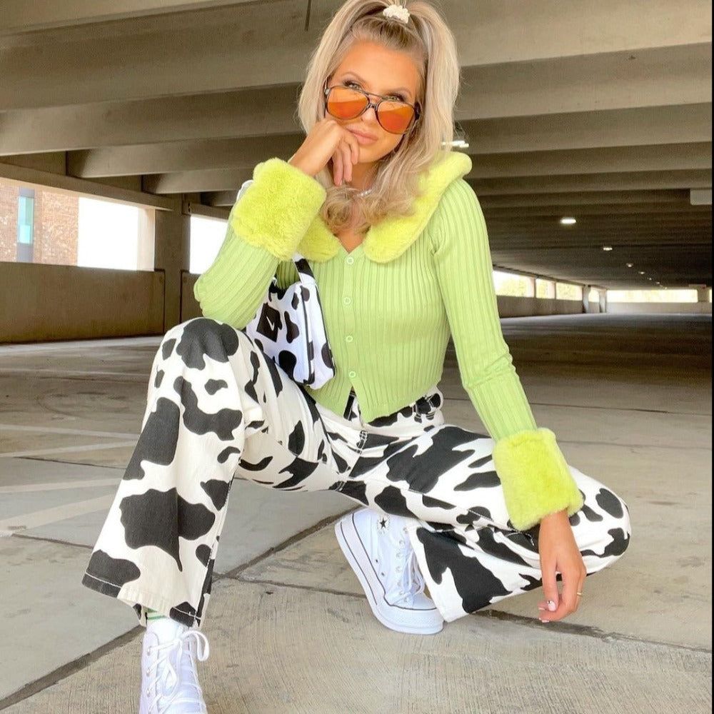 Try Your Luck Feather Collar Ribbed Cardigan