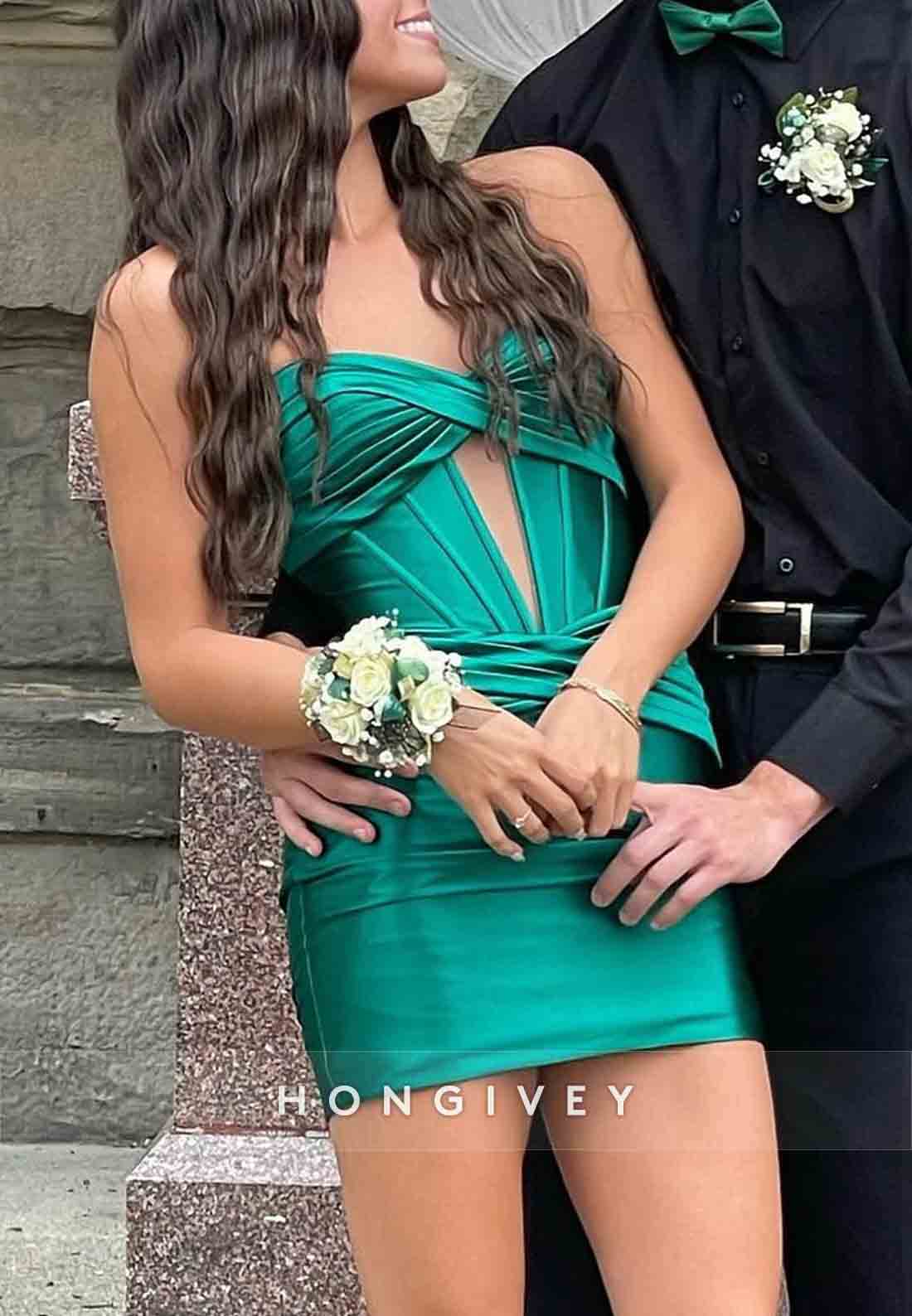 Satin Pleated Low Back Sweetheart Strapless Pleated Mini Homecoming Dresses