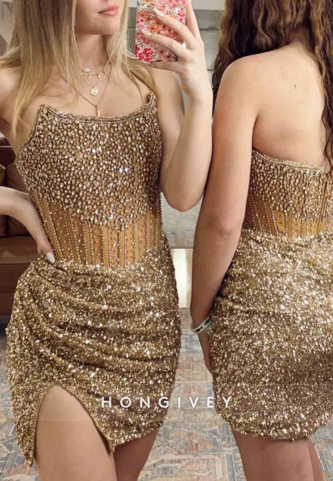 Side Slit Strapless Glitter Sheath Pleated Beading Mini Homecoming Dresses