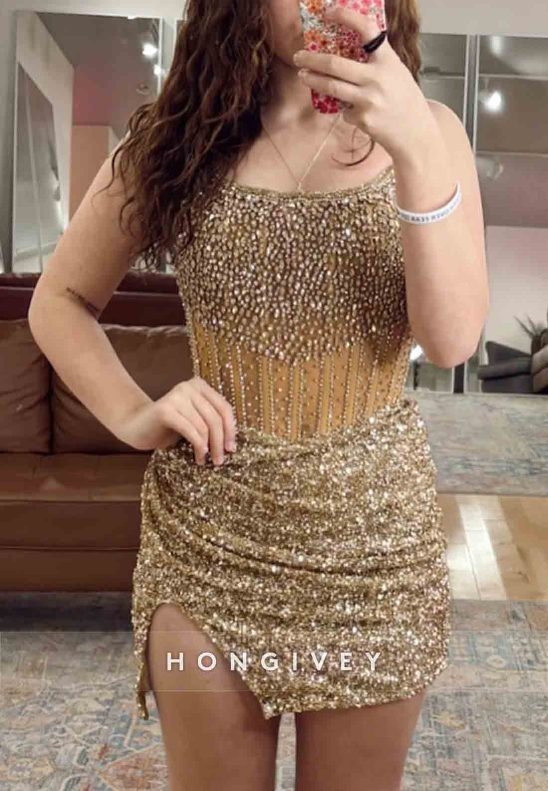 Side Slit Strapless Glitter Sheath Pleated Beading Mini Homecoming Dresses