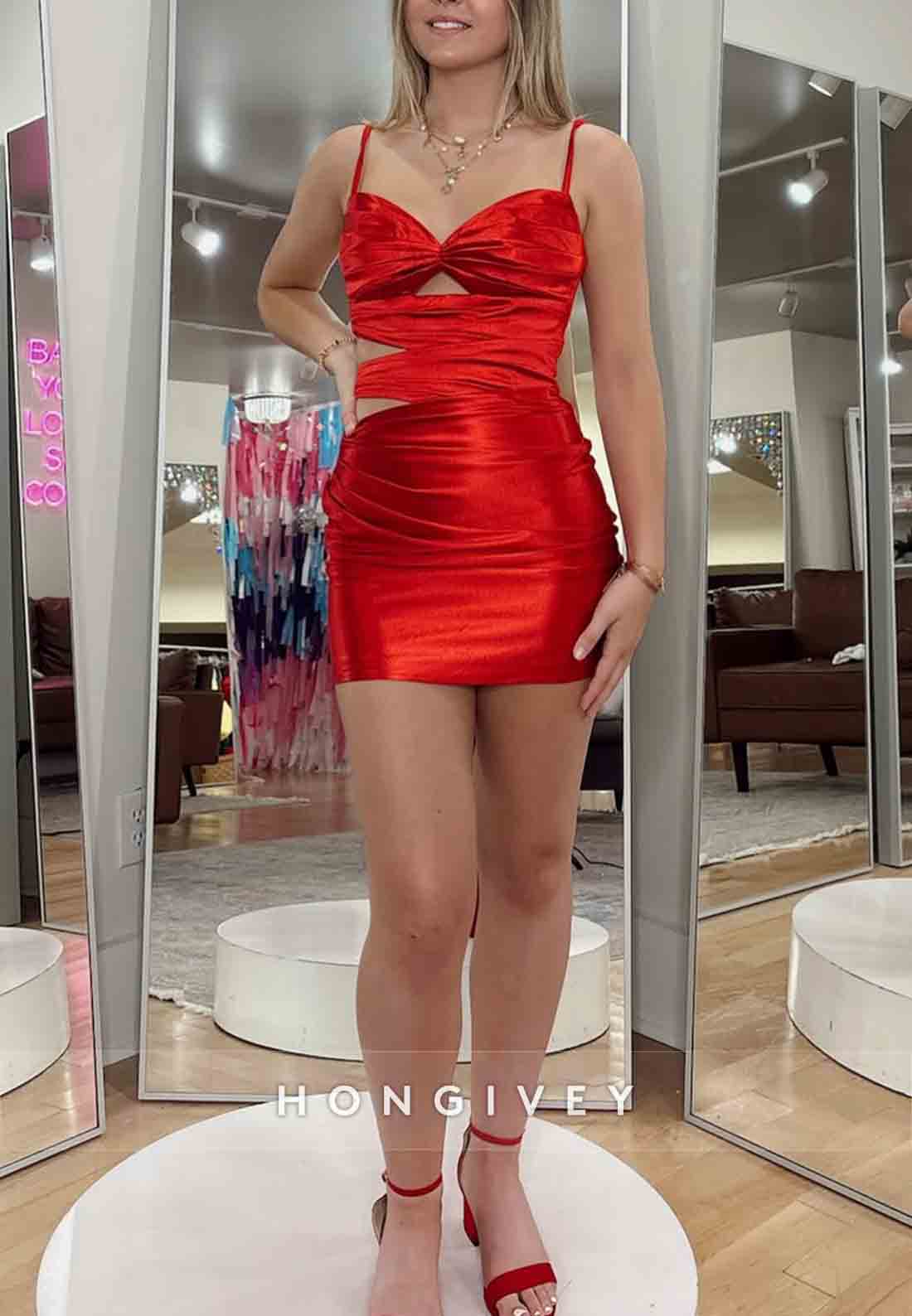 Red Sleeveless Regular Straps Elastic Satin Pleated Mini Homecoming Dresses