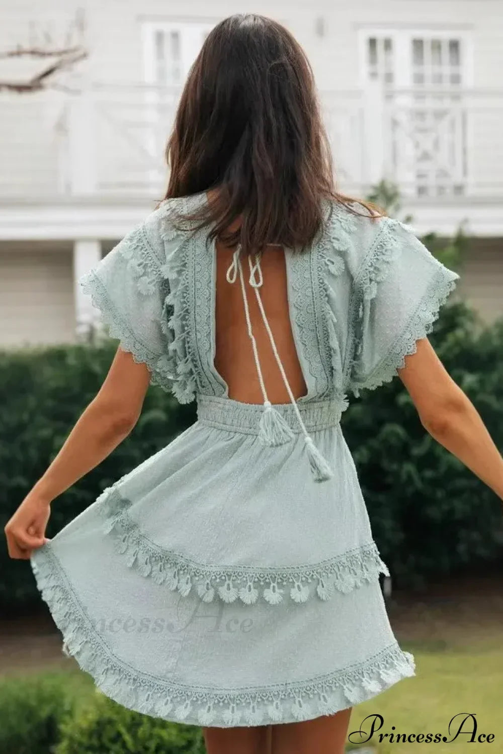 Short Batwing Sleeve Lace Backless Deep V-neck Mini Boho Dress