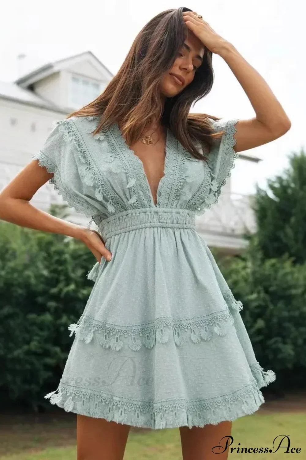 Short Batwing Sleeve Lace Backless Deep V-neck Mini Boho Dress light blue / S bohodress-250126
