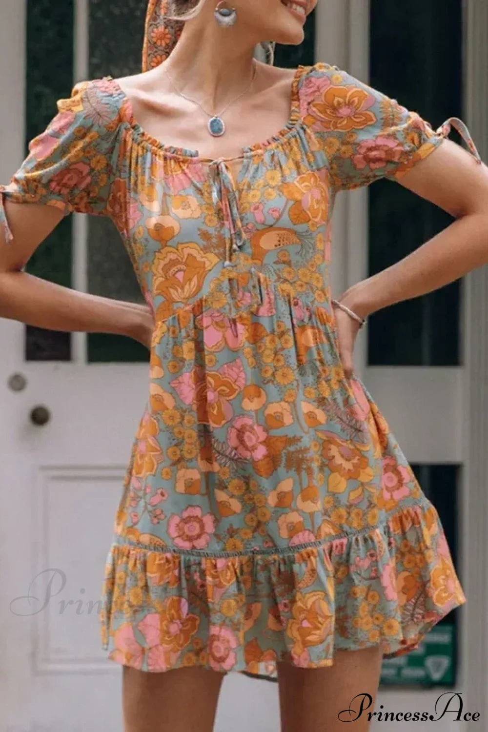 Short Puff Sleeve Mini Dress Vintage Cotton Rayon Orange Floral Print Summer Dress PINK / S bohodress-250126