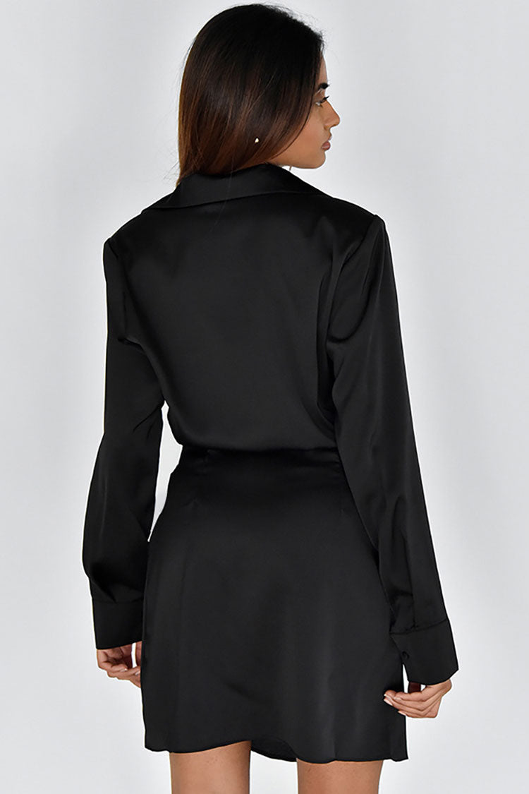 Silky Collared V Neck Ruched Wrap Trim Long Sleeve Mini Dress - Black - Fashionpara