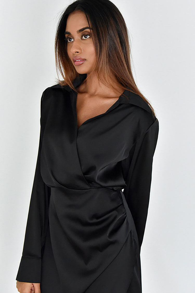 Silky Collared V Neck Ruched Wrap Trim Long Sleeve Mini Dress - Black - Fashionpara