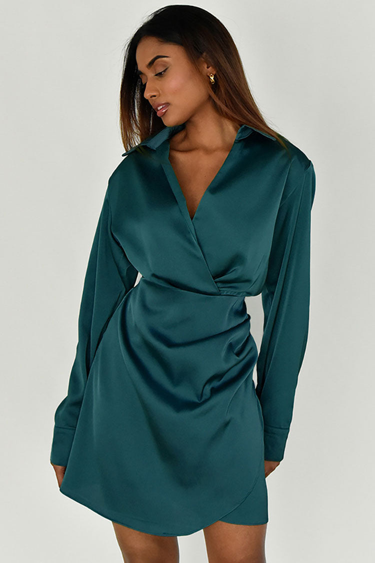 Silky Collared V Neck Ruched Wrap Trim Long Sleeve Mini Dress - Emerald Green - Fashionpara