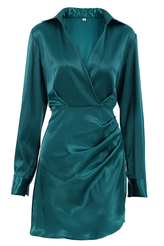 Silky Collared V Neck Ruched Wrap Trim Long Sleeve Mini Dress - Emerald Green - Fashionpara
