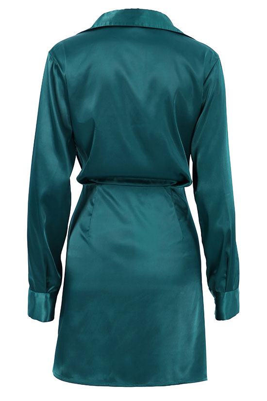 Silky Collared V Neck Ruched Wrap Trim Long Sleeve Mini Dress - Emerald Green - Fashionpara
