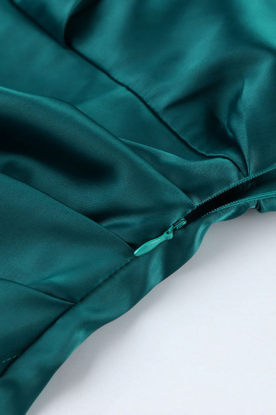 Silky Collared V Neck Ruched Wrap Trim Long Sleeve Mini Dress - Emerald Green - Fashionpara