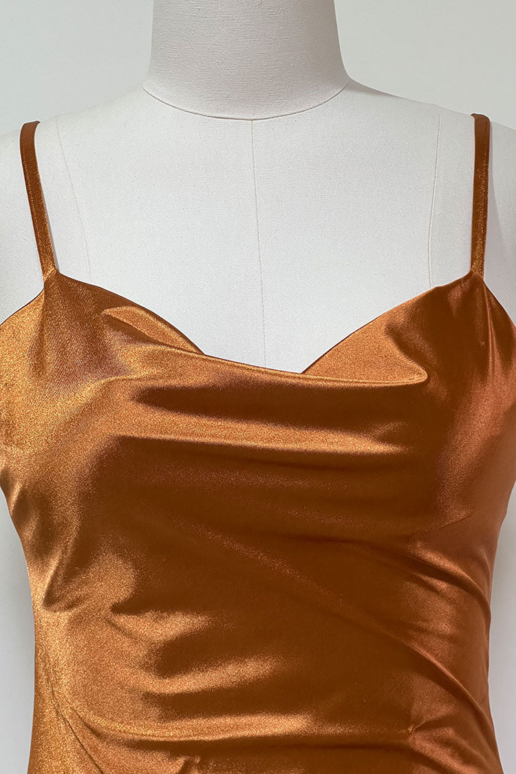 Cowl Neck Spaghetti Strap High Slit Satin Slip Midi Dress - View 2