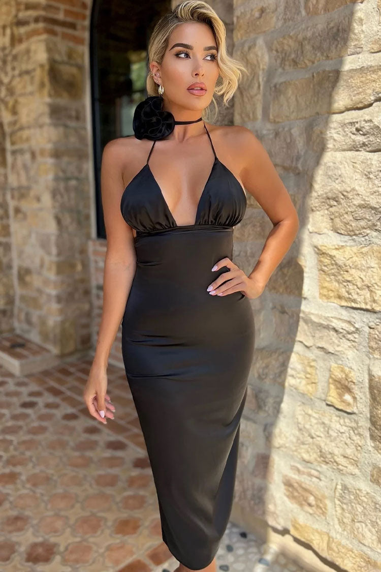 Satin Deep V-Neck 3D Flower Ruched Bodycon Midi Dress - View 3