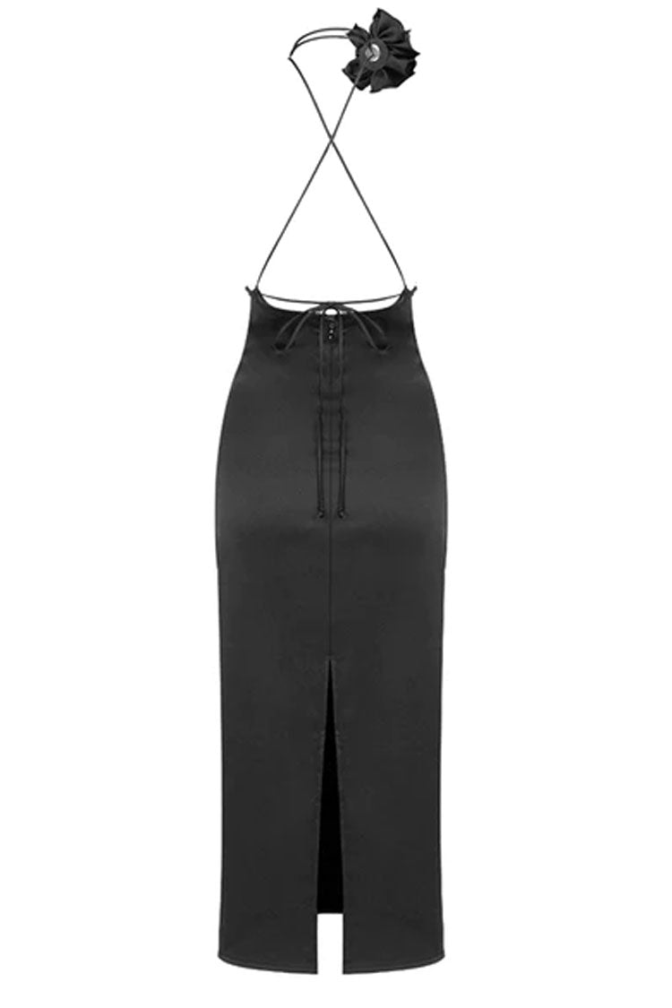 Satin Deep V-Neck 3D Flower Ruched Bodycon Midi Dress - View 4