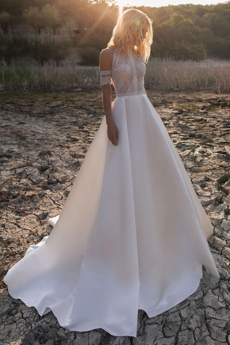 Satin Crochet Lace Halter Neck A-Line Maxi Wedding Gown