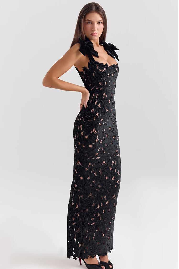 Silky Satin Bow Trim Sleeveless Bodycon Guipure Lace Evening Maxi Dress