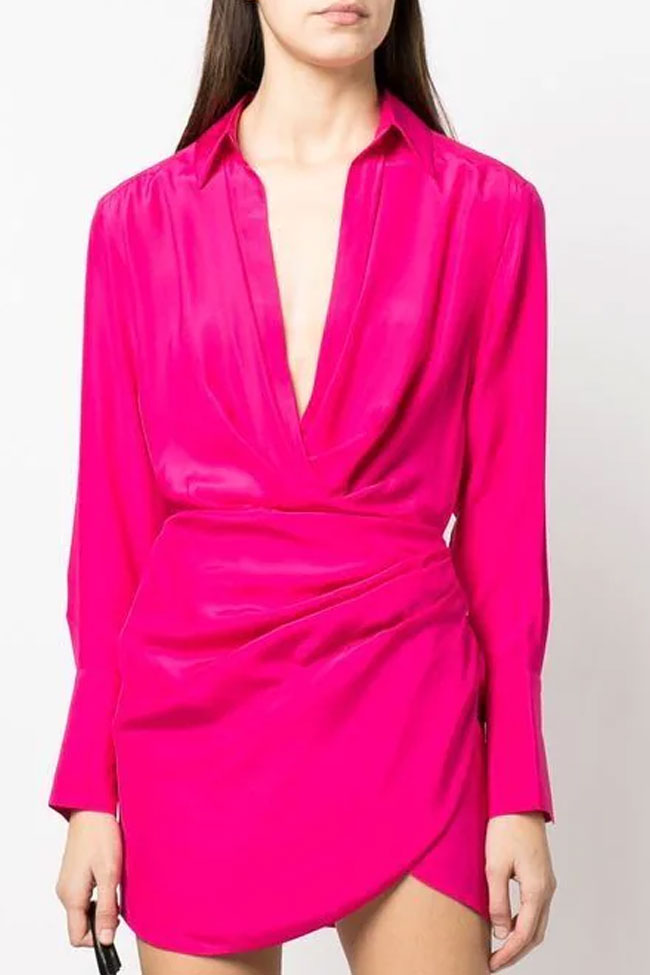 Silky Satin Collared V Neck Long Sleeve Draped Shirt Mini Dress - Hot Pink - Fashionpara