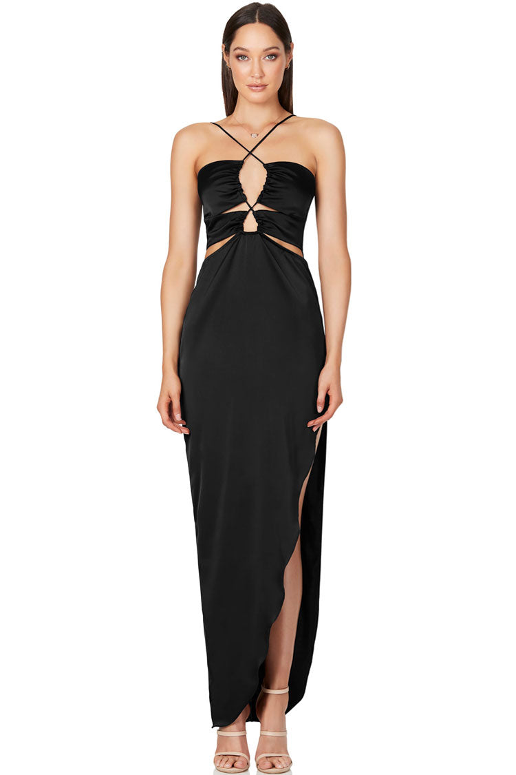 Silky Satin Cross Front Cutout Slit Cocktail Party Dress - Black  Fashionpara