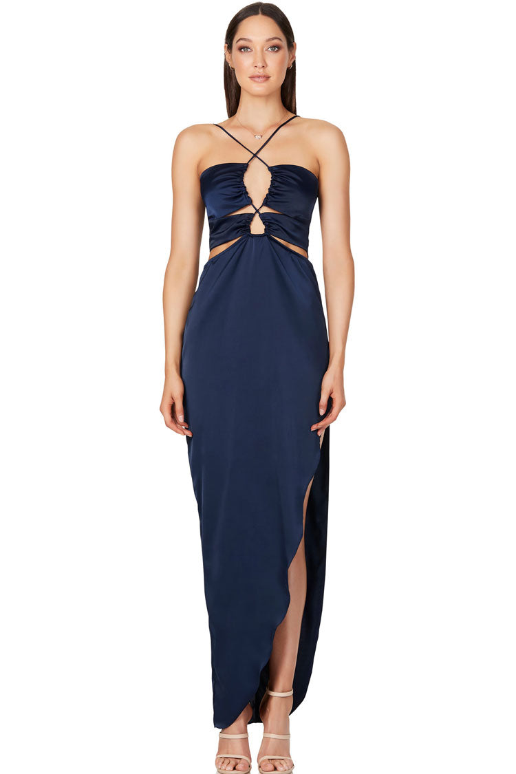 Satin Halter Spaghetti Strap Keyhole Waist Cut Out Maxi Gown