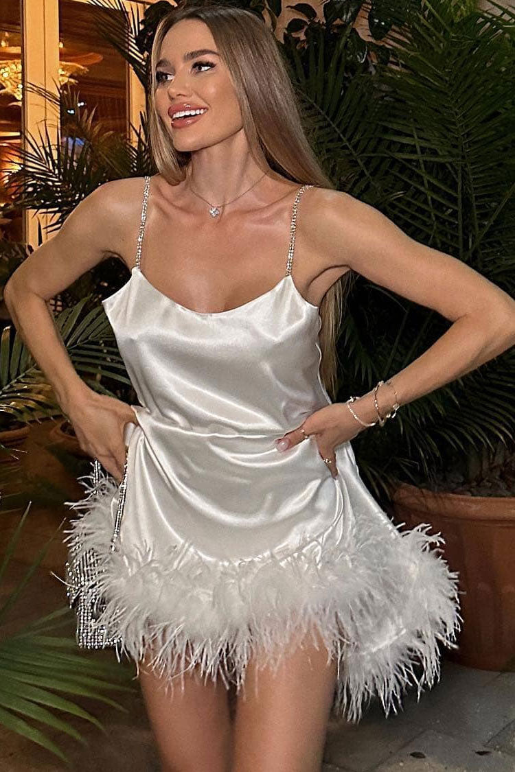 Silky Satin Crystal Spaghetti Strap A Line Faux Feather Trim Party Mini Dress - White  Fashionpara