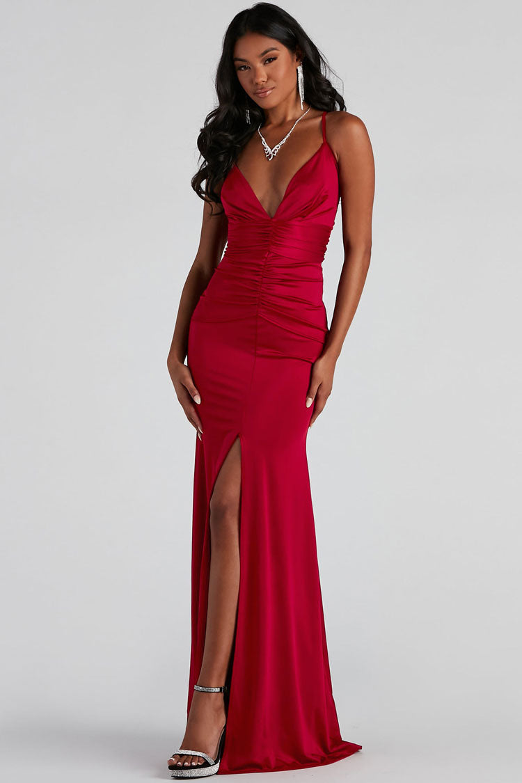 Silky Satin Deep V Ruched Front Slit Evening Maxi Dress - Red - Fashionpara