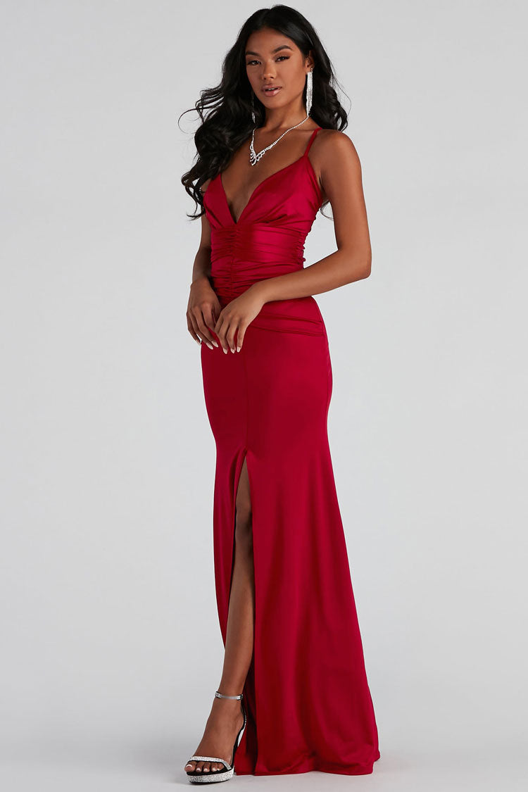 Silky Satin Deep V Ruched Front Slit Evening Maxi Dress - Red - Fashionpara