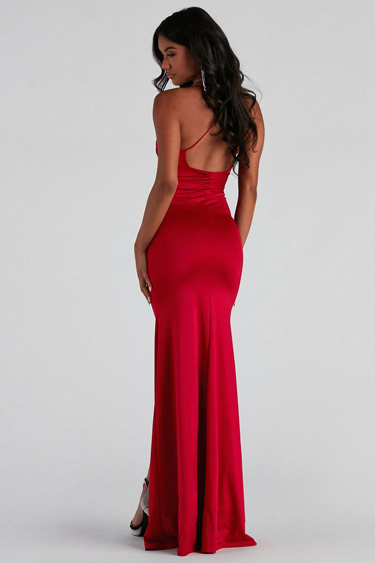 Silky Satin Deep V Ruched Front Slit Evening Maxi Dress - Red - Fashionpara