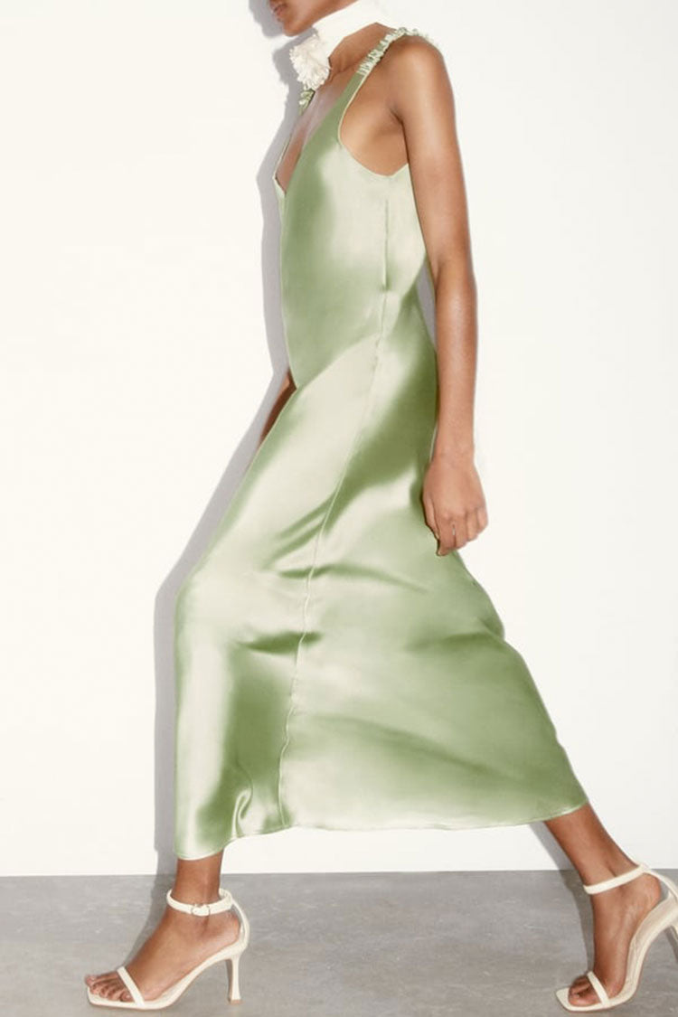 Silky Satin Deep V Ruched Suspender Strap Maxi Dress - Green - View 2