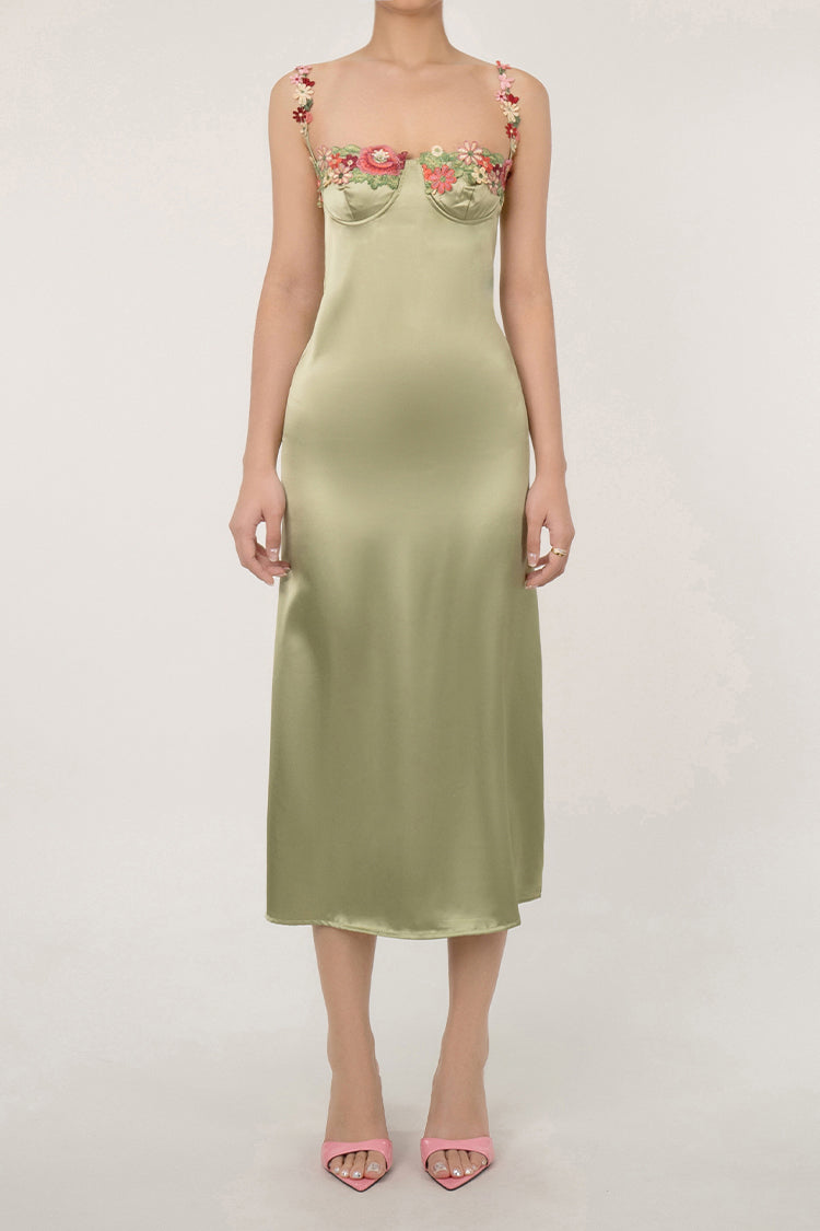 Silky Satin Floral Embroidered Bustier Spaghetti Strap Slip Midi Sundress - Fashionpara