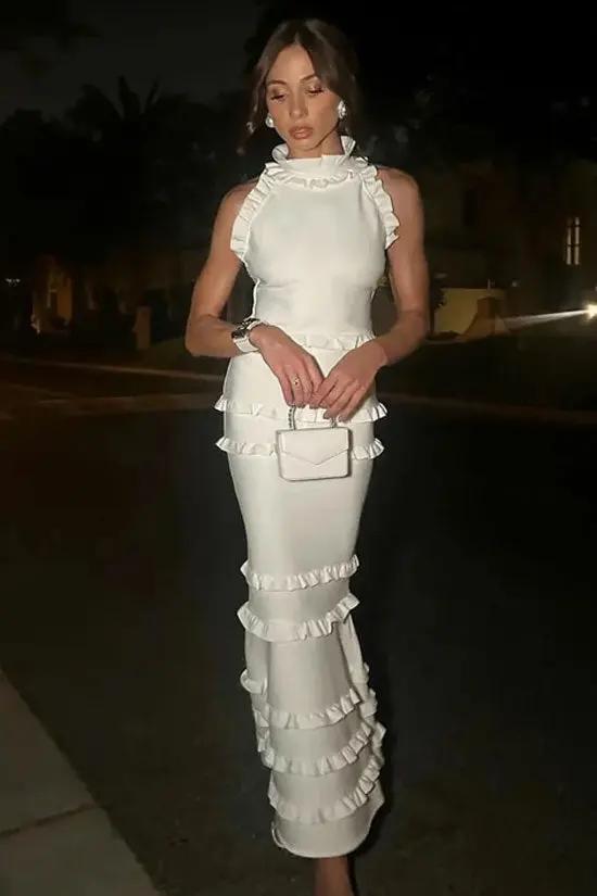 Silky Satin Layered Ruffle High Neck Sleeveless Mermaid Evening Maxi Dress - White Fashionpara