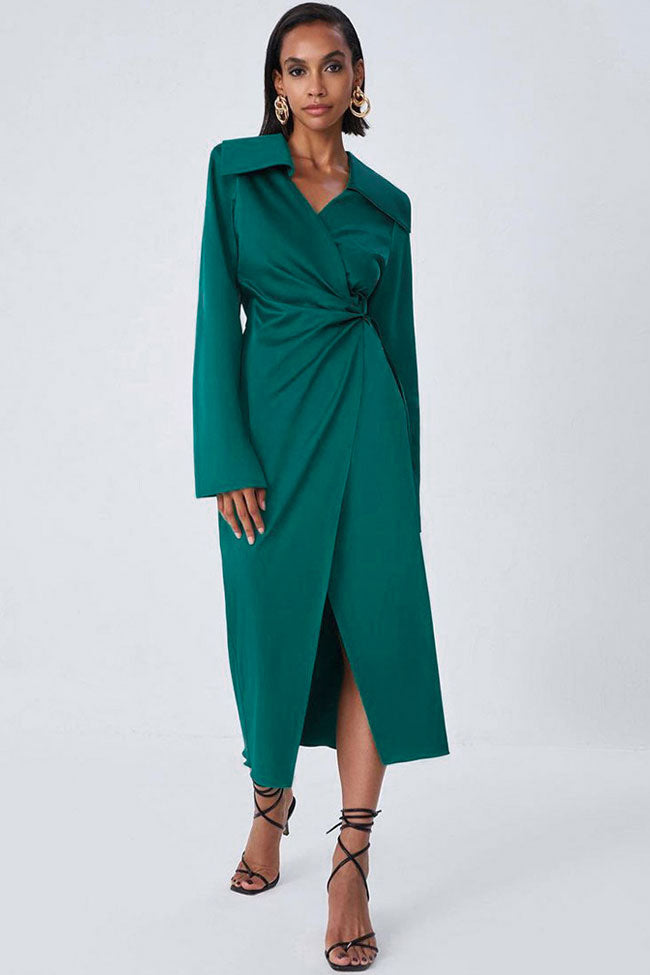 Silky Satin Long Sleeve Cocktail Party Wrap Maxi Dress - Emerald Green  Fashionpara
