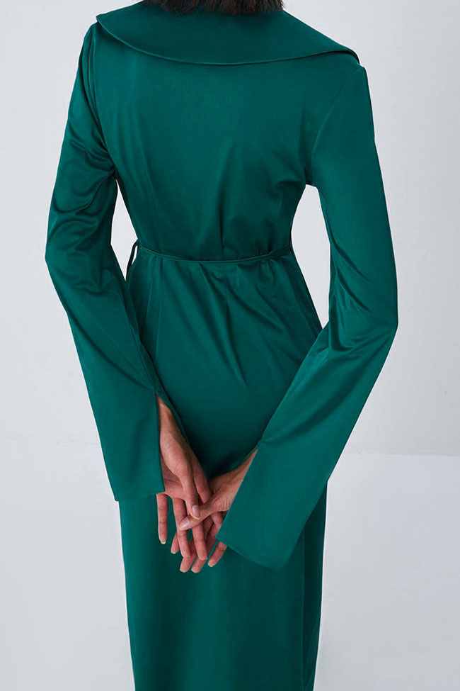 Silky Satin Long Sleeve Cocktail Party Wrap Maxi Dress - Emerald Green  Fashionpara