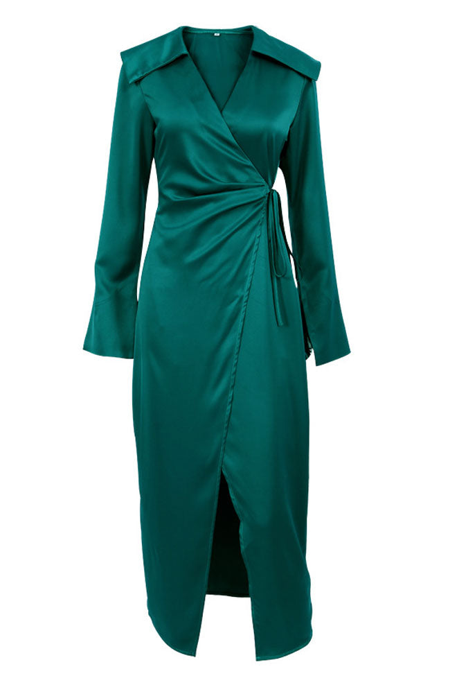 Silky Satin Long Sleeve Cocktail Party Wrap Maxi Dress - Emerald Green  Fashionpara