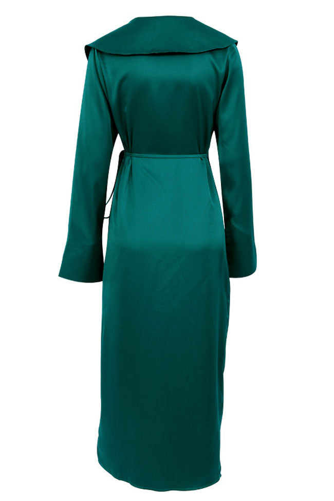 Silky Satin Long Sleeve Cocktail Party Wrap Maxi Dress - Emerald Green  Fashionpara