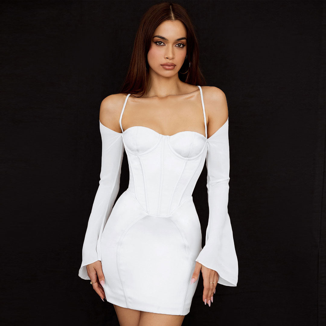 Satin Off-Shoulder Long Sleeve Corset Bodycon Mini Dress