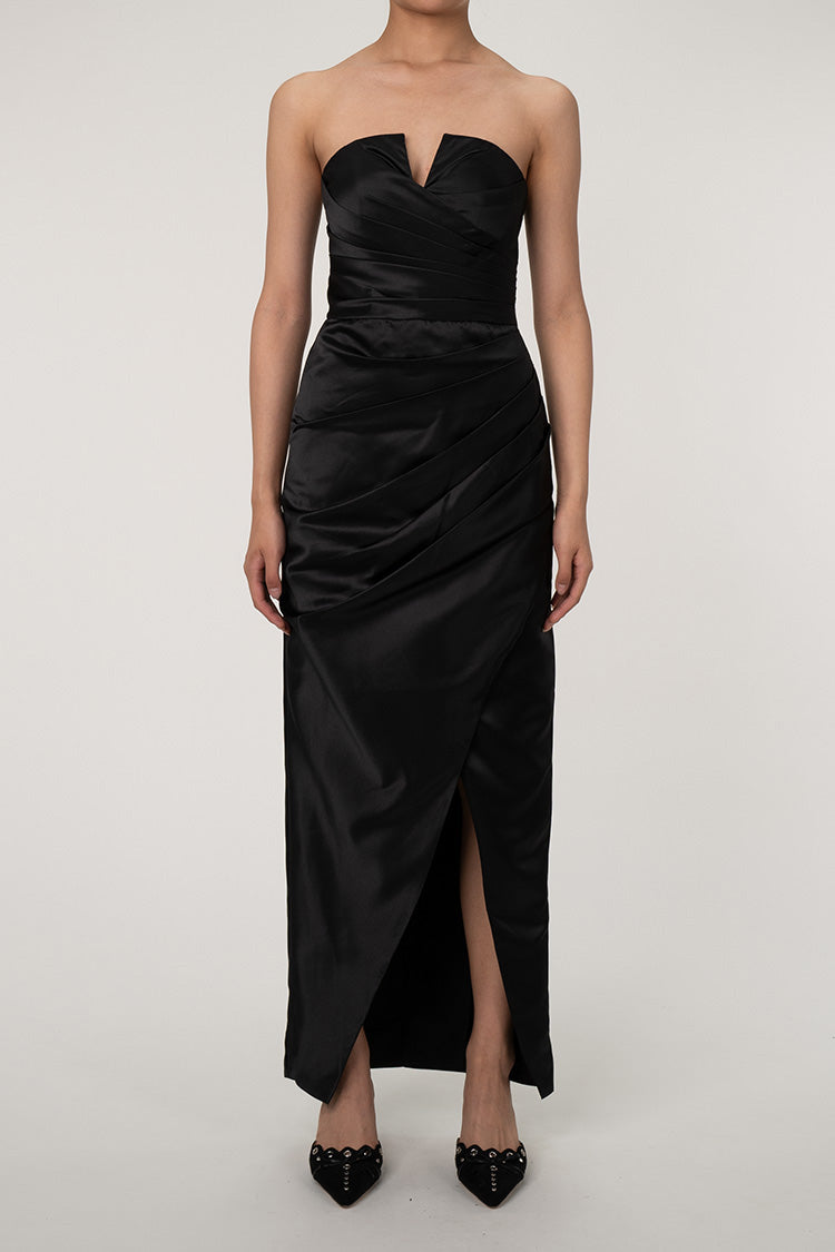 Silky Satin Notch V Strapless Draped Cocktail Party Midi Dress - Black - Fashionpara