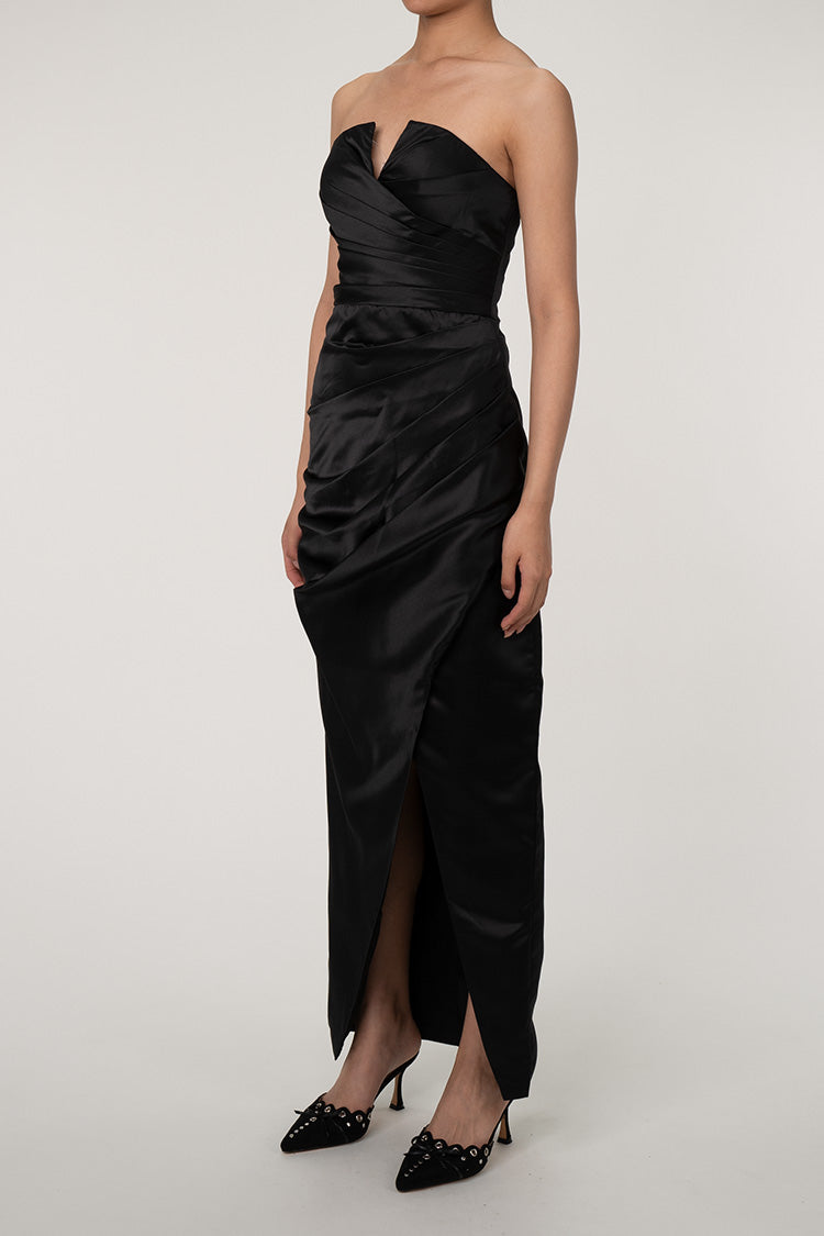 Silky Satin Notch V Strapless Draped Cocktail Party Midi Dress - Black - Fashionpara