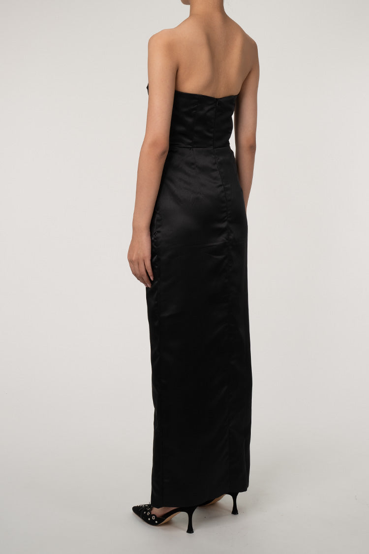 Silky Satin Notch V Strapless Draped Cocktail Party Midi Dress - Black - Fashionpara