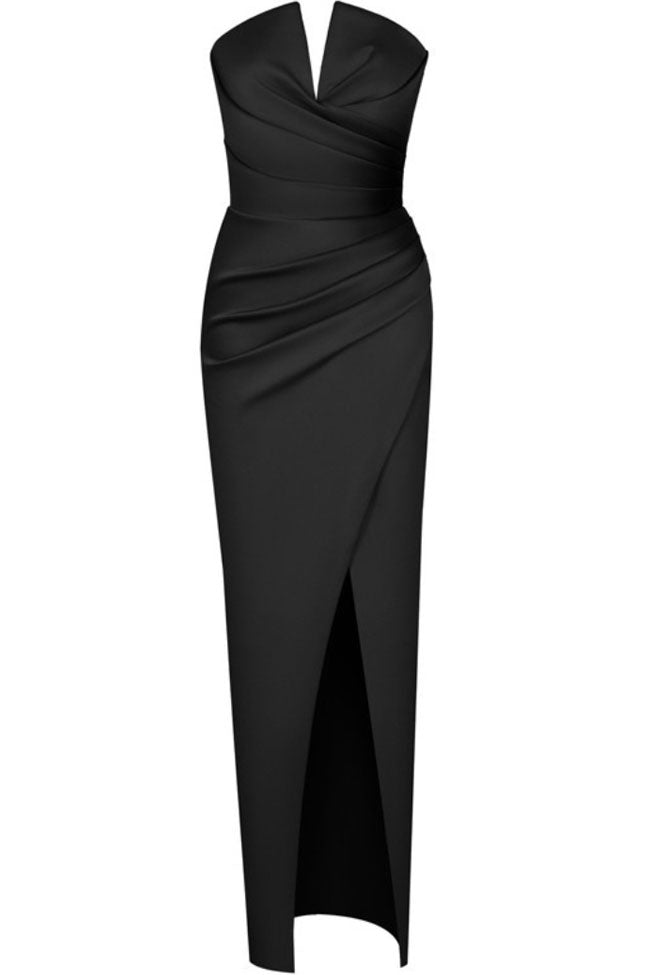 Silky Satin Notch V Strapless Draped Cocktail Party Midi Dress - Black - Fashionpara