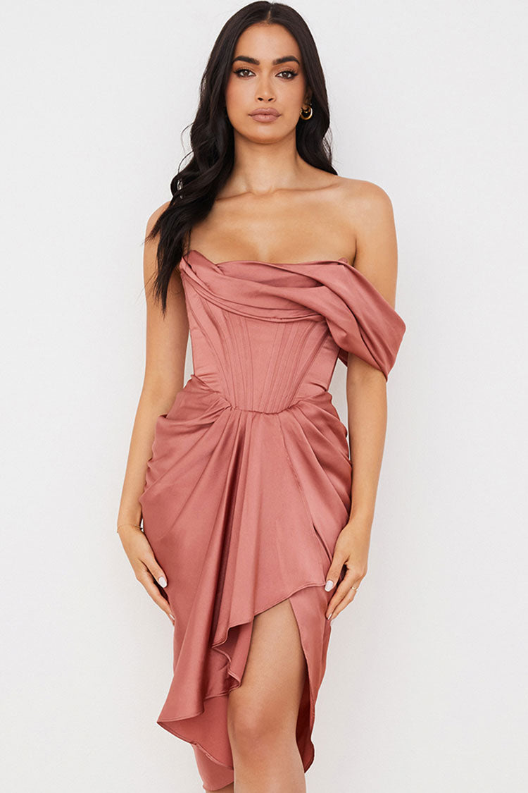 Satin Off Shoulder Corset Ruched High Low Bodycon Midi Dress