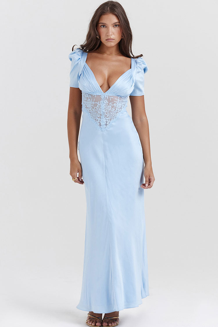 Silky Satin Pleated Deep V Fishtail Evening Maxi Dress - Blue