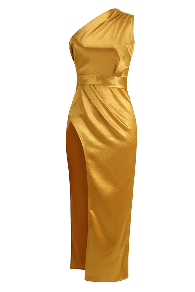 Satin Pleated One Shoulder High Slit Midi Dress - View 3