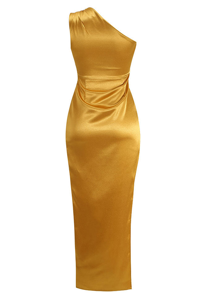 Satin Pleated One Shoulder High Slit Midi Dress - View 4